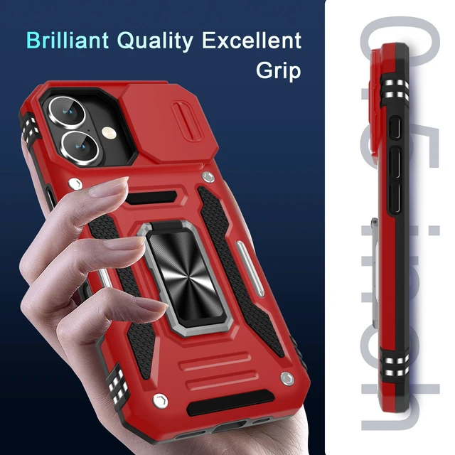 Alt view image 7 of 7 - Case for iPhone 17 6.3-Inch with Slide Camera Cover + Screen Protector (2 Packs), Rotated Ring Kickstand Military Grade Shockproof Protective Cover-Red