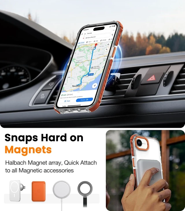 Alt view image 2 of 7 - Strong Magnetic Case for iPhone 16E/iPhone 17E, Clear Orange | Compatible with Magsafe Military Grade Drop Protection Transparent Slim Fit Anti-slip Shockproof Protective Phone Cover