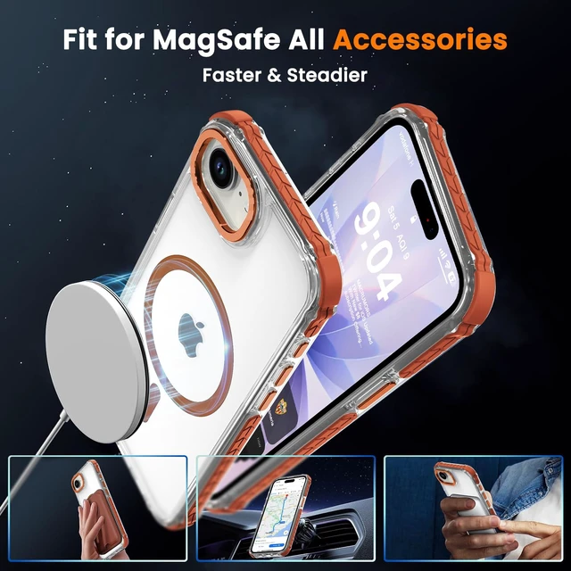 Alt view image 3 of 7 - Strong Magnetic Case for iPhone 16E/iPhone 17E, Clear Orange | Compatible with Magsafe Military Grade Drop Protection Transparent Slim Fit Anti-slip Shockproof Protective Phone Cover