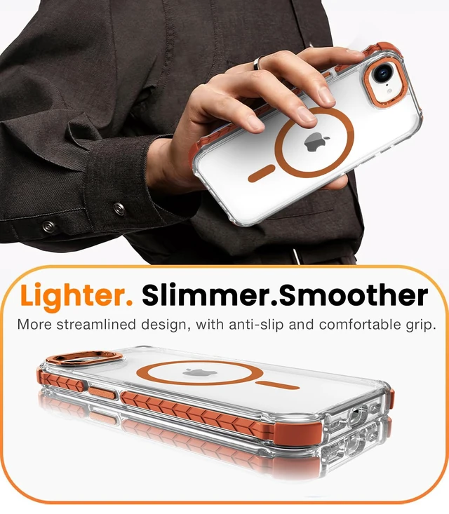 Alt view image 6 of 7 - Strong Magnetic Case for iPhone 16E/iPhone 17E, Clear Orange | Compatible with Magsafe Military Grade Drop Protection Transparent Slim Fit Anti-slip Shockproof Protective Phone Cover