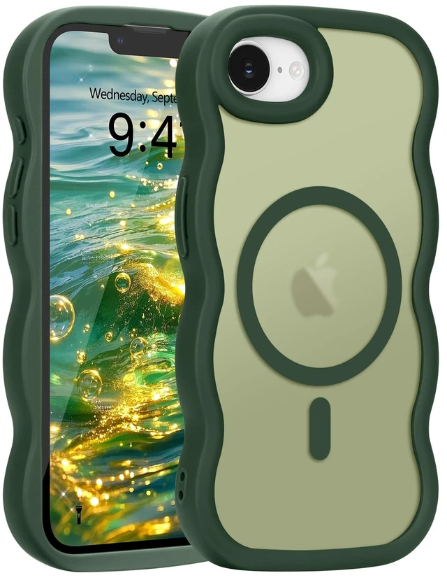 Main image of for iPhone 17e/16e Case Curly Wavy Frame Translucent, Green | Hard Matte Clear Back Cover for Women Men, Compatible with Magsafe, TPU Bumper Shockproof Drop Protection Phone Case