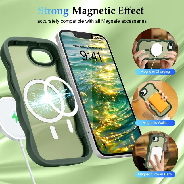 Alt view image 3 of 7 - for iPhone 17e/16e Case Curly Wavy Frame Translucent, Green | Hard Matte Clear Back Cover for Women Men, Compatible with Magsafe, TPU Bumper Shockproof Drop Protection Phone Case