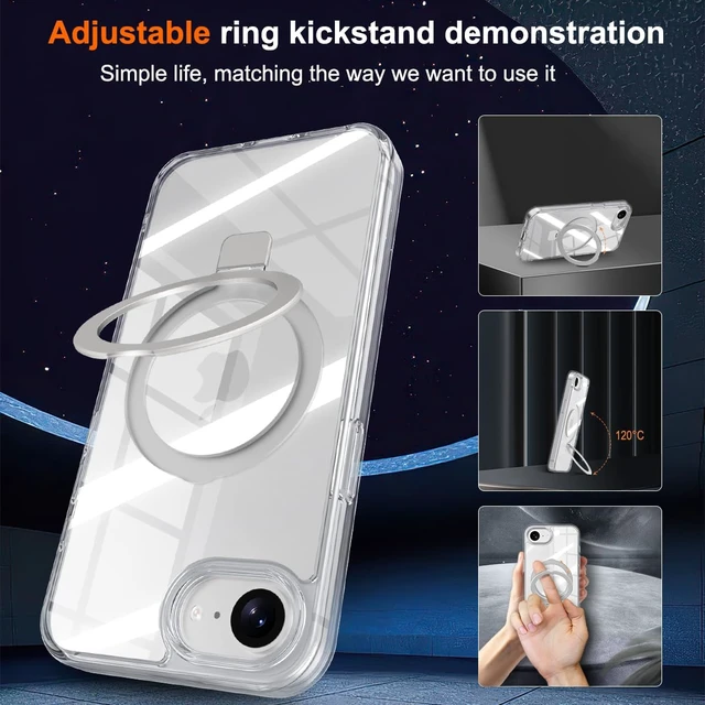 Alt view image 4 of 7 - Compatible with iPhone 17E & 16E Case with Stand, Clear | Military Grade Shockproof, Slim iPhone 17e & iPhone 16e Phone Cases with Magnetic Ring Kickstand, Compatible with MagSafe