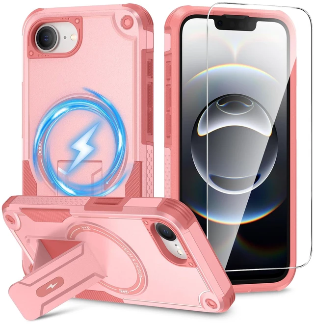 Main image of for iPhone 16e & 17e Case with Stand and Screen Protector Pink | Compatible with MagSafe, Built-in Hidden Kickstand, Solid Protective Dual-layer TPU+PC Shockproof Magnetic Phone Cover