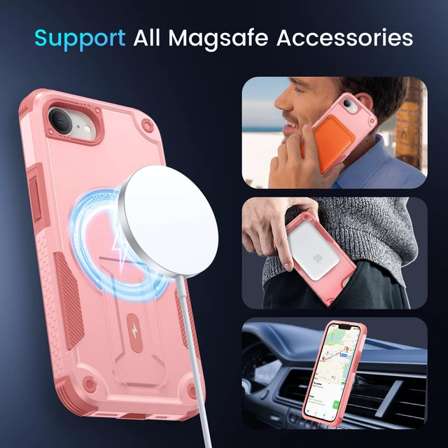 Alt view image 4 of 7 - for iPhone 16e & 17e Case with Stand and Screen Protector Pink | Compatible with MagSafe, Built-in Hidden Kickstand, Solid Protective Dual-layer TPU+PC Shockproof Magnetic Phone Cover