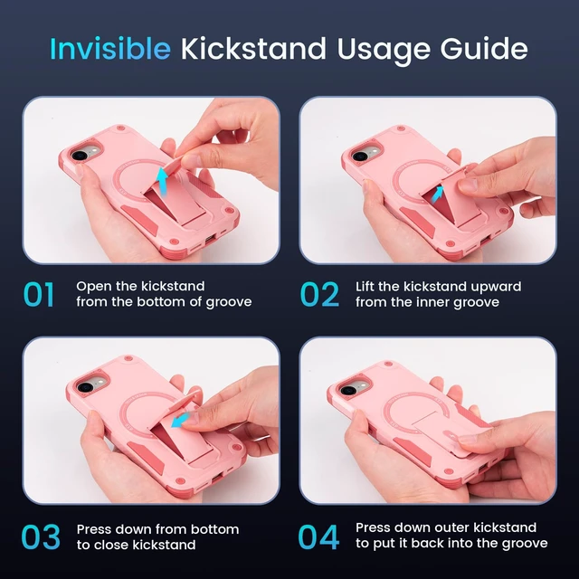 Alt view image 6 of 7 - for iPhone 16e & 17e Case with Stand and Screen Protector Pink | Compatible with MagSafe, Built-in Hidden Kickstand, Solid Protective Dual-layer TPU+PC Shockproof Magnetic Phone Cover