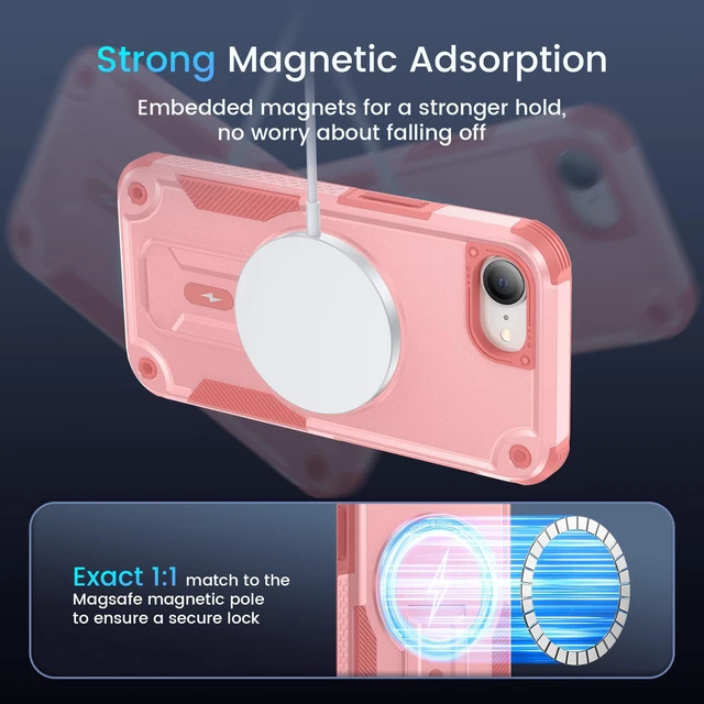 Alt view image 5 of 7 - for iPhone 16e & 17e Case with Stand and Screen Protector Pink | Compatible with MagSafe, Built-in Hidden Kickstand, Solid Protective Dual-layer TPU+PC Shockproof Magnetic Phone Cover