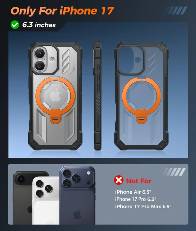 Alt view image 2 of 7 - for iPhone 17 Case with 360 Spin Magnetic Stand | Screen Protector, Compatible with MagSafe, Heavy Duty Military-Grade Drop Protection, Grip Ring Kickstand, Shockproof Rugged