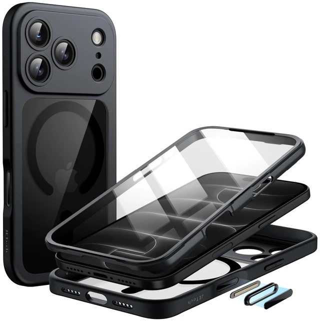 Main image of 360° Full Body Magnetic Case for iPhone 18 Pro, Black | Compatible with MagSafe, Shockproof, Built-in Tempered Glass Screen Protector and Camera Control Button, Anti-Slip Grip