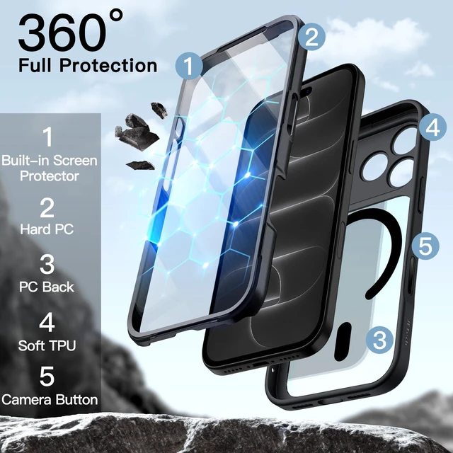 Alt view image 3 of 7 - 360° Full Body Magnetic Case for iPhone 18 Pro, Black | Compatible with MagSafe, Shockproof, Built-in Tempered Glass Screen Protector and Camera Control Button, Anti-Slip Grip