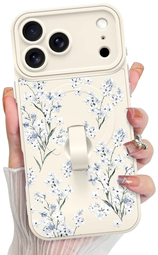 Main image of Compatible with iPhone 18 Pro Case Floral Flower -White | 2026 Magnetic Compatible with MagSafe, Cute Pattern Wristband Kickstand Shockproof Protective Case for Girls Women