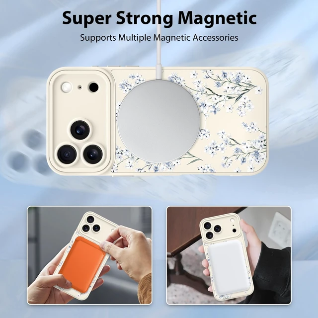 Alt view image 7 of 7 - Compatible with iPhone 18 Pro Case Floral Flower -White | 2026 Magnetic Compatible with MagSafe, Cute Pattern Wristband Kickstand Shockproof Protective Case for Girls Women