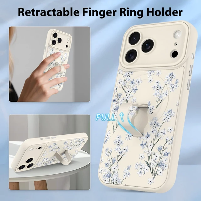 Alt view image 6 of 7 - Compatible with iPhone 18 Pro Case Floral Flower -White | 2026 Magnetic Compatible with MagSafe, Cute Pattern Wristband Kickstand Shockproof Protective Case for Girls Women