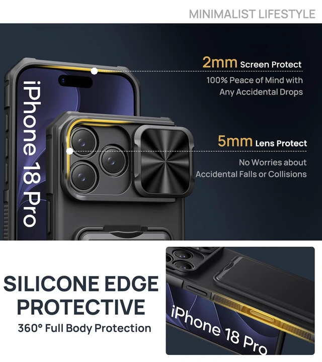Alt view image 7 of 7 - for iPhone 18 Pro Case with Card Holder & Kickstand, Black | RFID Blocking, Sliding Camera Lens Cover, Stand, Military-Grade Heavy-Duty Rugged Shockproof Phone Case Cover for 18 Pro 2026
