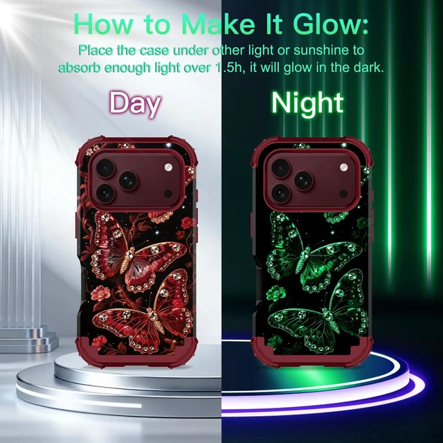 Alt view image 2 of 7 - for iPhone 18 Pro Case 3 in 1 Shockproof Heavy Duty Rugged Hard PC+Soft Silicone Full Body Protective Cover Butterfly Case for Apple iPhone 18 Pro, Ruby Gem Butterfly