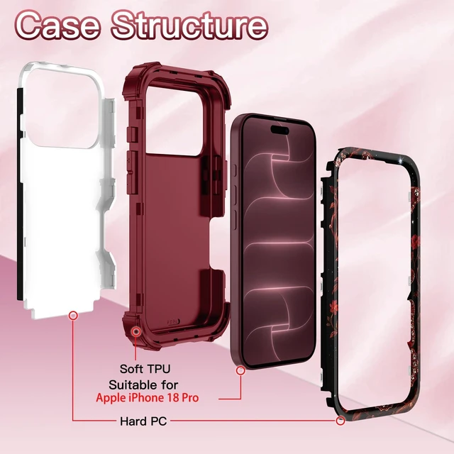 Alt view image 3 of 7 - for iPhone 18 Pro Case 3 in 1 Shockproof Heavy Duty Rugged Hard PC+Soft Silicone Full Body Protective Cover Butterfly Case for Apple iPhone 18 Pro, Ruby Gem Butterfly