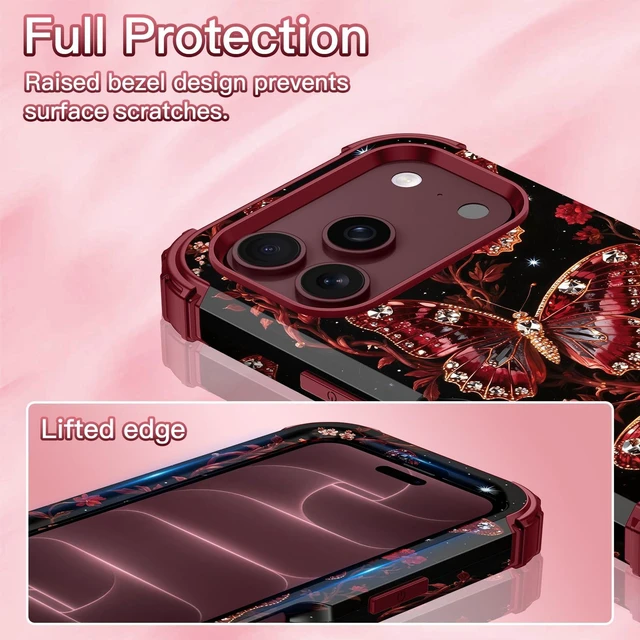 Alt view image 4 of 7 - for iPhone 18 Pro Case 3 in 1 Shockproof Heavy Duty Rugged Hard PC+Soft Silicone Full Body Protective Cover Butterfly Case for Apple iPhone 18 Pro, Ruby Gem Butterfly