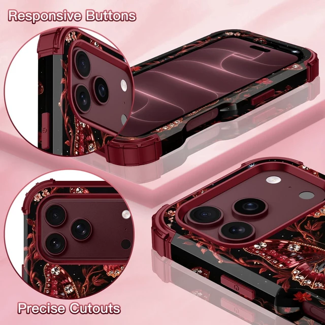 Alt view image 7 of 7 - for iPhone 18 Pro Case 3 in 1 Shockproof Heavy Duty Rugged Hard PC+Soft Silicone Full Body Protective Cover Butterfly Case for Apple iPhone 18 Pro, Ruby Gem Butterfly