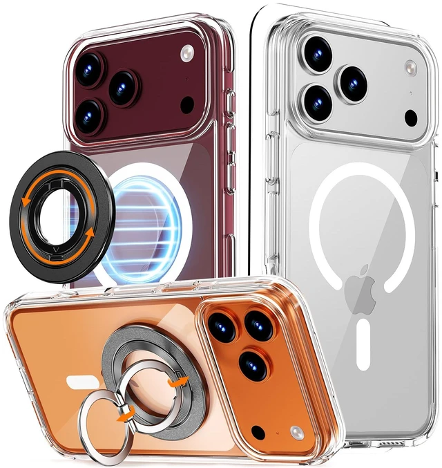 Main image of for iPhone 18/17 Pro Max Case Clear 360 Spin Magnetic Black Stand | Fit for MagSafe, Screen Protector, Detachable Ring Holder Grip, Military Grade Drop Protection, Non-Yellowing Phone Cover