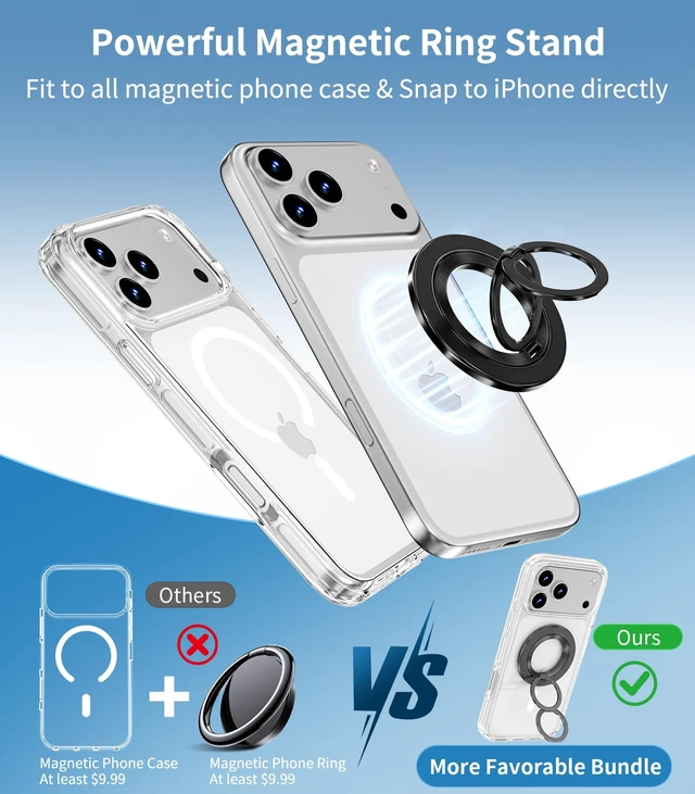 Alt view image 2 of 7 - for iPhone 18/17 Pro Max Case Clear 360 Spin Magnetic Black Stand | Fit for MagSafe, Screen Protector, Detachable Ring Holder Grip, Military Grade Drop Protection, Non-Yellowing Phone Cover