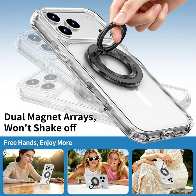 Alt view image 4 of 7 - for iPhone 18/17 Pro Max Case Clear 360 Spin Magnetic Black Stand | Fit for MagSafe, Screen Protector, Detachable Ring Holder Grip, Military Grade Drop Protection, Non-Yellowing Phone Cover
