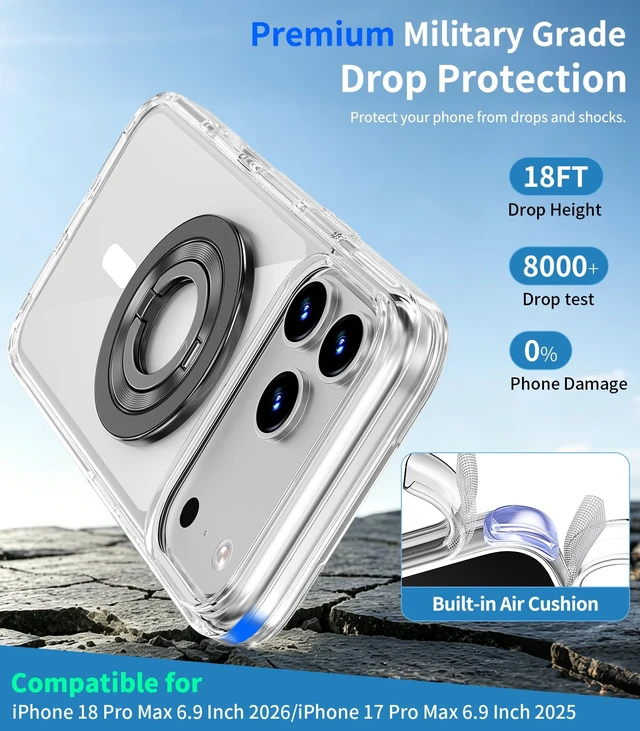 Alt view image 6 of 7 - for iPhone 18/17 Pro Max Case Clear 360 Spin Magnetic Black Stand | Fit for MagSafe, Screen Protector, Detachable Ring Holder Grip, Military Grade Drop Protection, Non-Yellowing Phone Cover