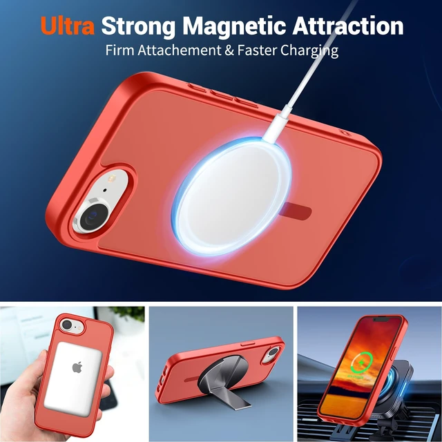 Alt view image 5 of 7 - Magnetic for iPhone 17e Case/iPhone 16e Case Red | With Screen Protector, Translucent Matte, Compatible with MagSafe, Military Grade Drop Proof, Rugged Shockproof Protective