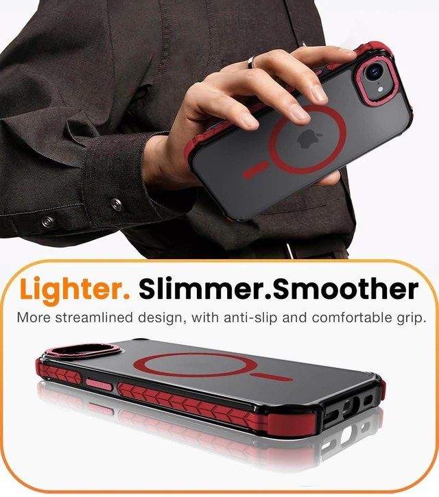 Alt view image 6 of 7 - Strong Magnetic Case for iPhone 16E/iPhone 17E, Matte Red | Compatible with Magsafe Military Grade Drop Protection Translucent Slim Fit Anti-slip Shockproof Protective Phone Cover