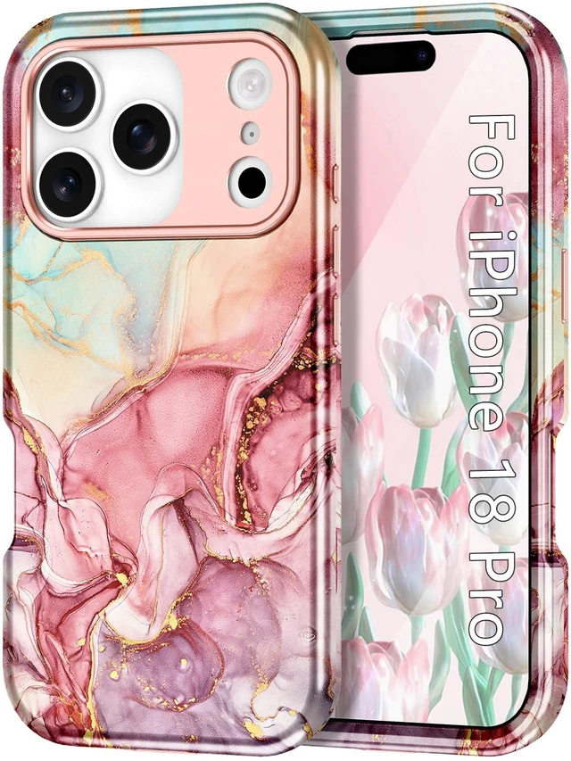 Main image of Compatible with iPhone 18 Pro Case 6.3 Inch 2026,Marble Pattern 3 in 1 Heavy Duty Shockproof Full Body Rugged Hard PC+Soft Silicone Drop Protective Women Girl Phone Cases, Rose Gold