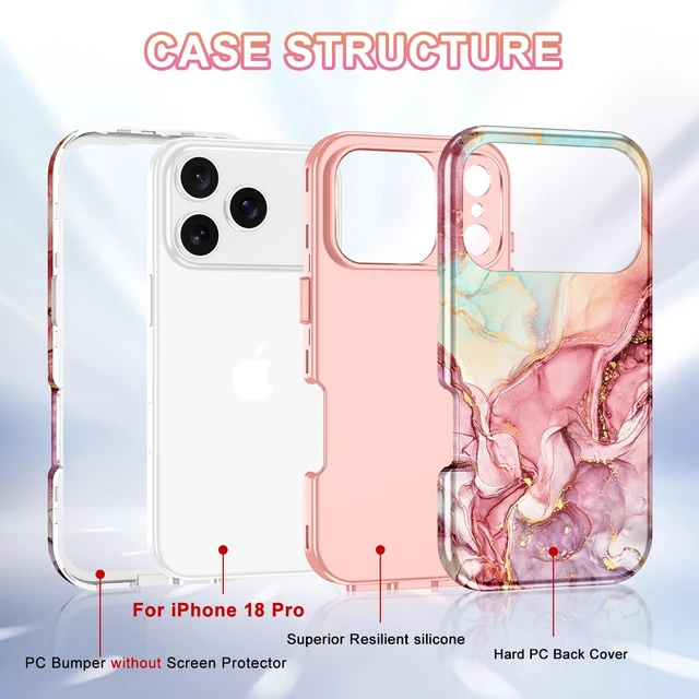 Alt view image 2 of 7 - Compatible with iPhone 18 Pro Case 6.3 Inch 2026,Marble Pattern 3 in 1 Heavy Duty Shockproof Full Body Rugged Hard PC+Soft Silicone Drop Protective Women Girl Phone Cases, Rose Gold