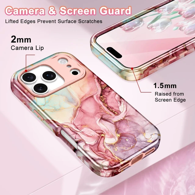 Alt view image 4 of 7 - Compatible with iPhone 18 Pro Case 6.3 Inch 2026,Marble Pattern 3 in 1 Heavy Duty Shockproof Full Body Rugged Hard PC+Soft Silicone Drop Protective Women Girl Phone Cases, Rose Gold