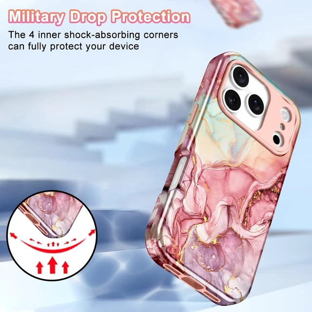 Alt view image 5 of 7 - Compatible with iPhone 18 Pro Case 6.3 Inch 2026,Marble Pattern 3 in 1 Heavy Duty Shockproof Full Body Rugged Hard PC+Soft Silicone Drop Protective Women Girl Phone Cases, Rose Gold