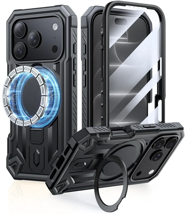 Main image of for iPhone 18 Pro Case with Magnetic Kickstand Black | Built-in Screen Protector, Compatible with MagSafe, 20FT Military Drop Protection, Durable Ring stand, Full Body Rugged Cover