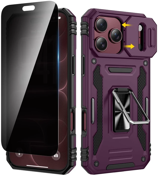 Main image of for iPhone 18 Pro Case with Slide Camera Cover and Kickstand | Privacy Screen Protector & Ring Kickstand Military Grade Heavy Duty Protection Cover for iPhone 18 Pro - Burgundy Red
