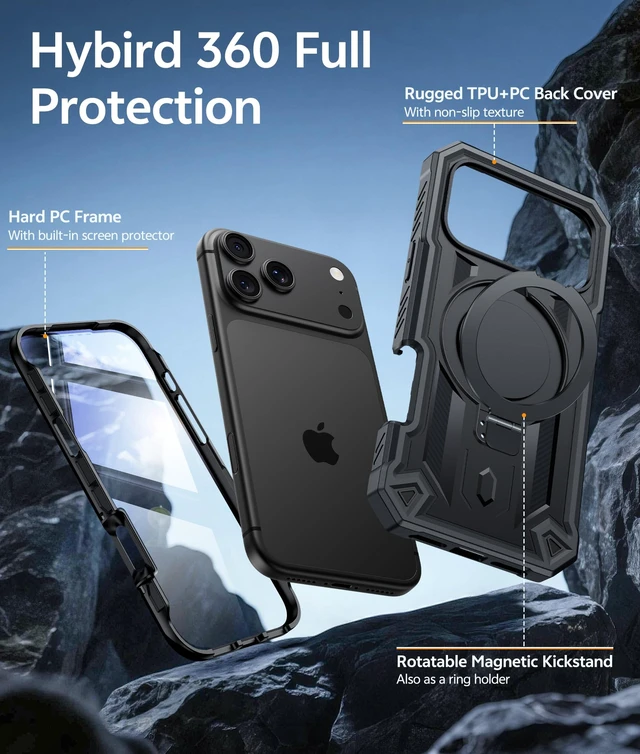Alt view image 6 of 7 - for iPhone 18 Pro Case with Magnetic Kickstand Black | Built-in Screen Protector, Compatible with MagSafe, 20FT Military Drop Protection, Durable Ring stand, Full Body Rugged Cover
