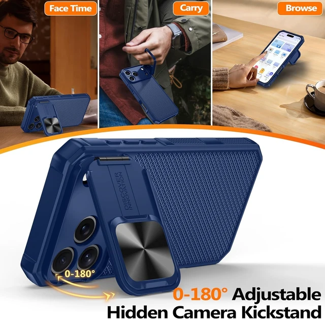 Alt view image 3 of 7 - for iPhone 18 Pro Case with Slide Camera Cover, Fit for Magsafe | Built in Kickstand, Full Camera Protection, 16FT Military Grade Shockproof Rugged Phone Case for iPhone 18 Pro, Blue