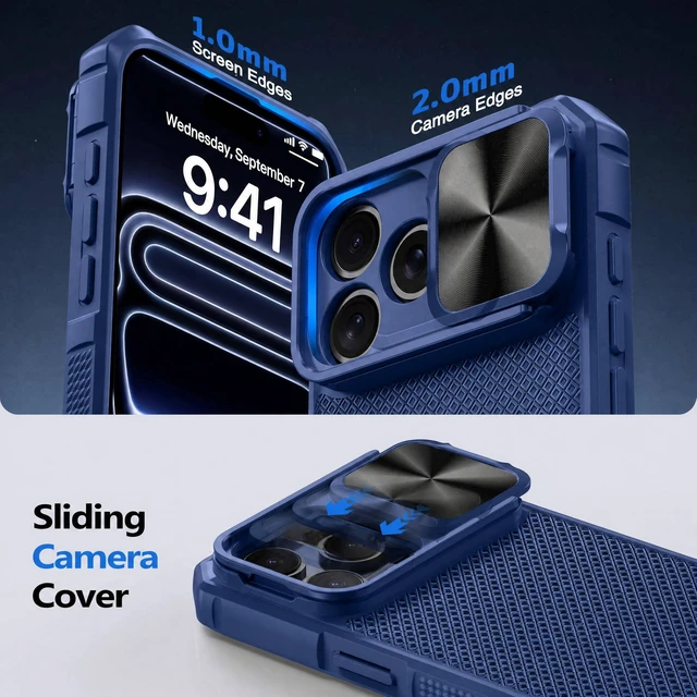 Alt view image 2 of 7 - for iPhone 18 Pro Case with Slide Camera Cover, Fit for Magsafe | Built in Kickstand, Full Camera Protection, 16FT Military Grade Shockproof Rugged Phone Case for iPhone 18 Pro, Blue