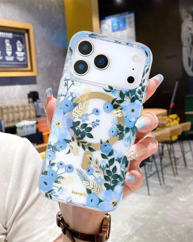 Alt view image 3 of 7 - for iPhone 18 Pro Case | Blue Nemophila | Compatible with MagSafe | Blue Nemophila Blue Design | 10FT Drop Tested | Cute Magnetic Phone Cover for Women and Girls
