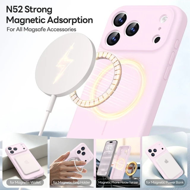 Alt view image 3 of 7 - Magnetic for iPhone 18 Pro Case Silicone, Chalk Pink | Compatible with Magsafe, Camera Protection, Soft Microfiber Lining, Slim Shockproof Protective Case for iPhone 18 Pro