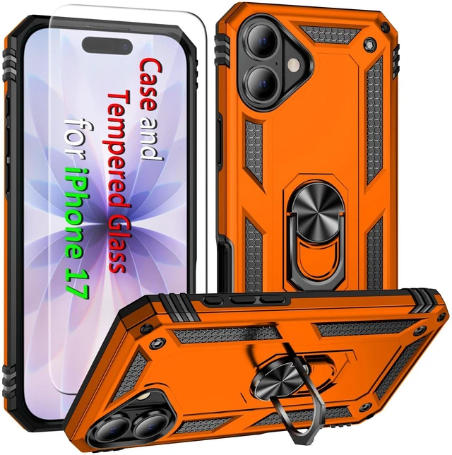 Main image of for iPhone 17/18 Case with Screen Protector,Builtin Kickstand-Orange | Case for iPhone 17 iPhone 18 with Stand,HD Tempered Glass,Military-Grade Heavy Duty Protection,Shockproof,Anti-Fingerprint
