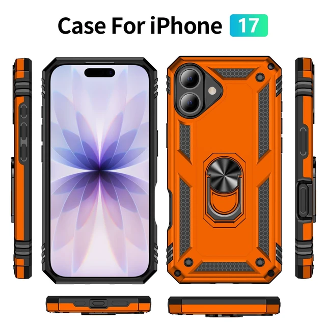 Alt view image 2 of 7 - for iPhone 17/18 Case with Screen Protector,Builtin Kickstand-Orange | Case for iPhone 17 iPhone 18 with Stand,HD Tempered Glass,Military-Grade Heavy Duty Protection,Shockproof,Anti-Fingerprint