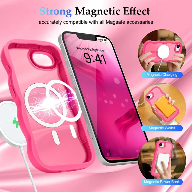 Alt view image 3 of 7 - for iPhone 17e/16e Case Curly Wavy Frame Translucent, Hot Pink | Hard Matte Clear Back Cover for Women Men, Compatible with Magsafe, TPU Bumper Shockproof Drop Protection Phone Case