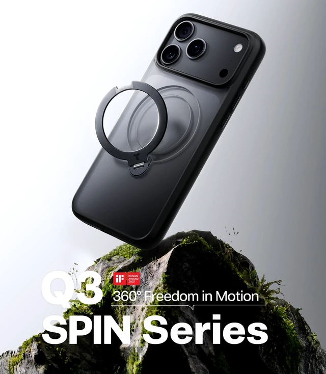 Alt view image 2 of 7 - Q3 Spin for iPhone 18 Pro Case with 360 Magnetic Stand, Black | Compatible with MagSafe, Flush-Fit 360 Ring Stand, Military Grade Protection, Slim Shockproof, Translucent PC Back