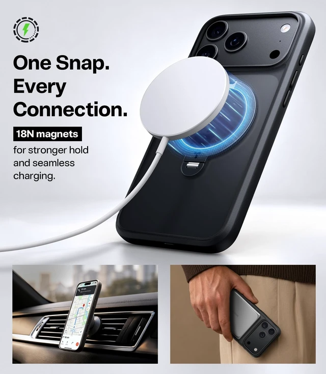 Alt view image 5 of 7 - Q3 Spin for iPhone 18 Pro Case with 360 Magnetic Stand, Black | Compatible with MagSafe, Flush-Fit 360 Ring Stand, Military Grade Protection, Slim Shockproof, Translucent PC Back