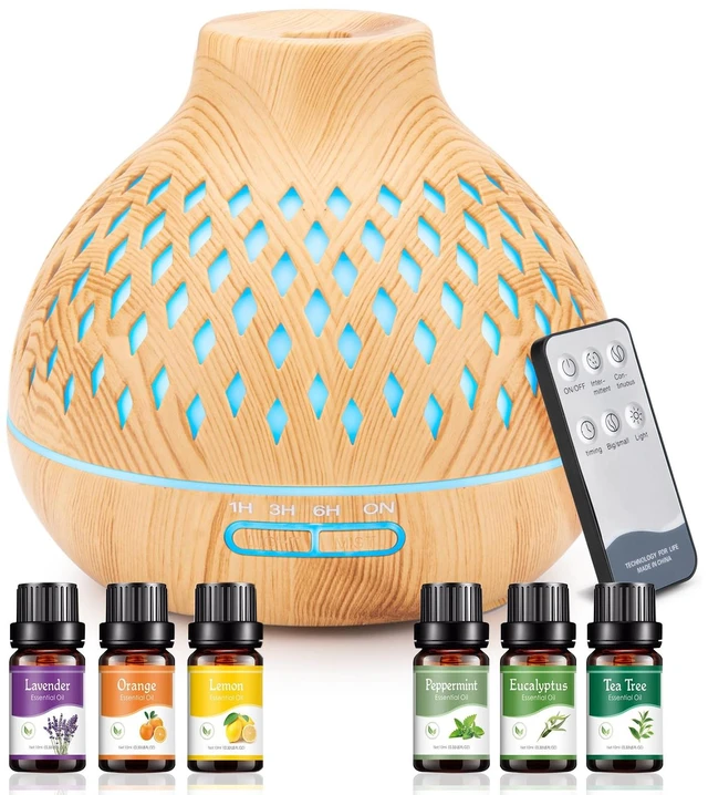 Main image of 400ml Essential Oil Diffuser with Remote and 6 Essential Oils | Aromatherapy diffuser with 7-color LED light, quiet mist, timers and waterless auto shut-off for bedrooms and offices.