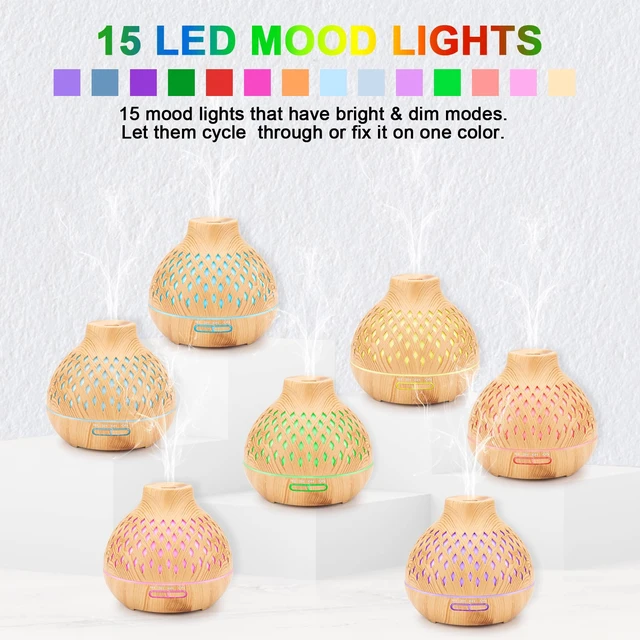 Alt view image 2 of 7 - 400ml Essential Oil Diffuser with Remote and 6 Essential Oils | Aromatherapy diffuser with 7-color LED light, quiet mist, timers and waterless auto shut-off for bedrooms and offices.