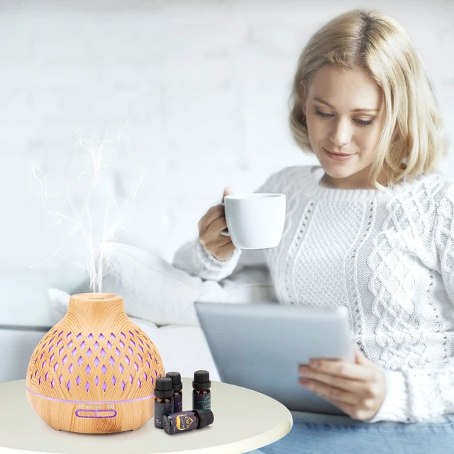 Alt view image 5 of 7 - 400ml Essential Oil Diffuser with Remote and 6 Essential Oils | Aromatherapy diffuser with 7-color LED light, quiet mist, timers and waterless auto shut-off for bedrooms and offices.