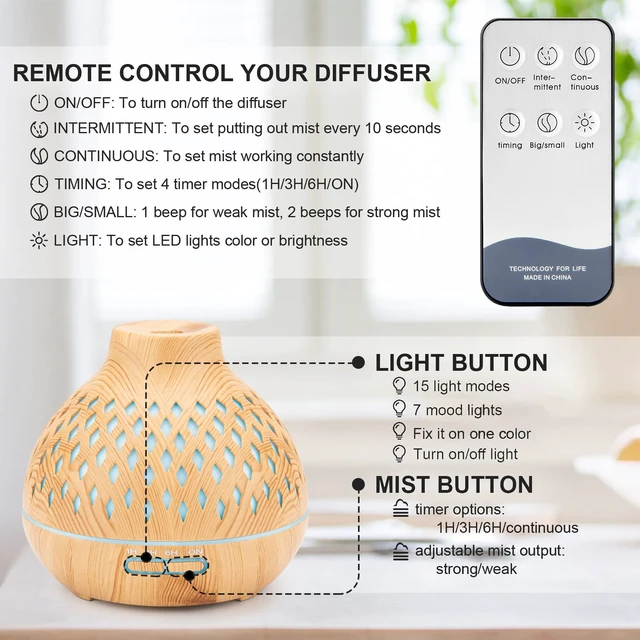 Alt view image 7 of 7 - 400ml Essential Oil Diffuser with Remote and 6 Essential Oils | Aromatherapy diffuser with 7-color LED light, quiet mist, timers and waterless auto shut-off for bedrooms and offices.