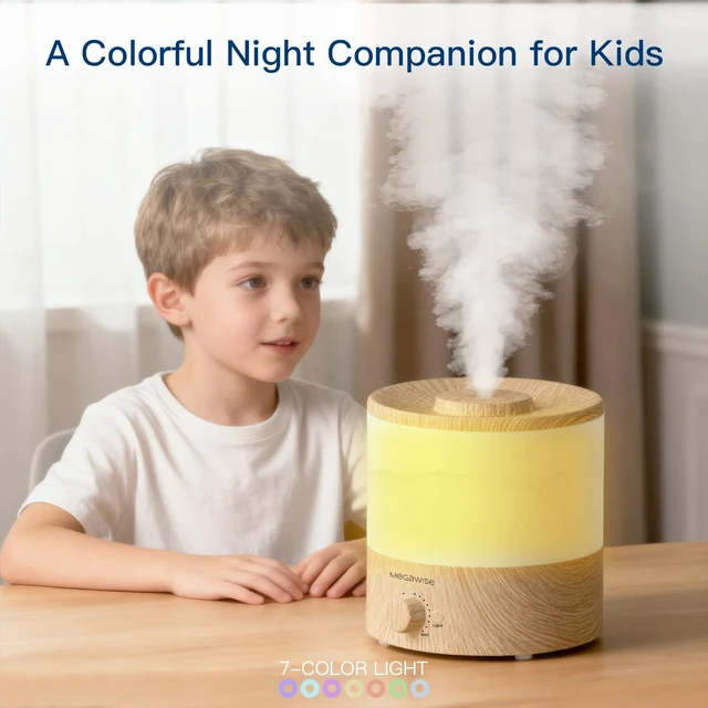 Alt view image 3 of 6 - 1.5L Ultrasonic Cool Mist Humidifier for Bedroom, 7-Color Light | Whisper-quiet use, adjustable mist output, top-fill tank, auto shut-off, compact design for nursery, office or bedside use