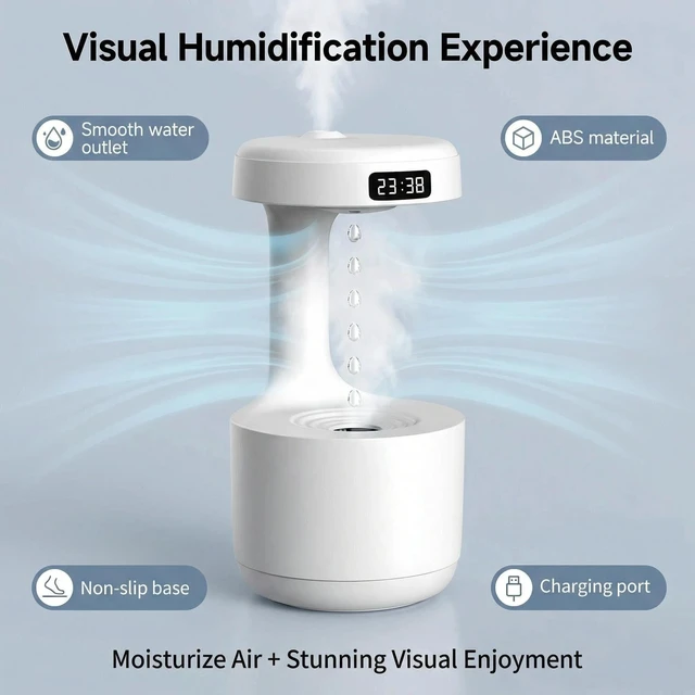 Alt view image 4 of 7 - Humidifiers for Bedroom, 800ml Cool Mist Air Humidifier, Anti-Gravity Digital Humidifier with LED Display, Quiet Knob Control for Bedroom, Plants, Nursery, Office - White